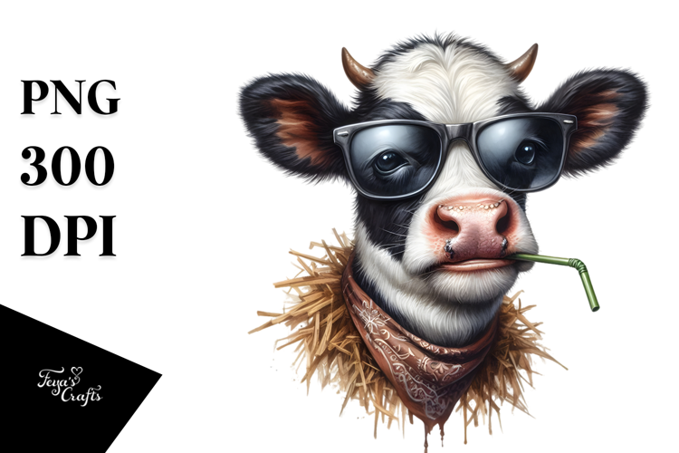 Funny Baby Cow with Sunglasses Watercolor