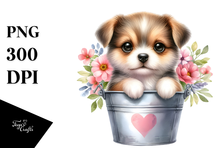 Watercolor Baby Dog in Flower Bucket, PNG
