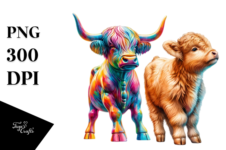 Colorful Highland Cow with Sculpture PNG