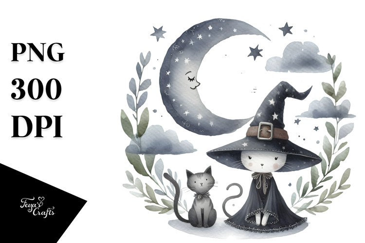 Simple Watercolor Witch with Cat PNG