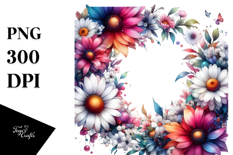 Vibrant Floral Frame with Glossy Petals, PNG