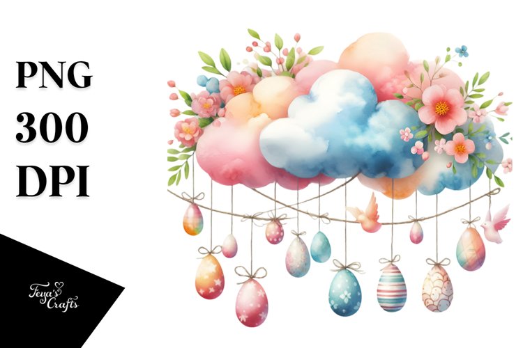 Watercolor Cloud with Easter Eggs PNG