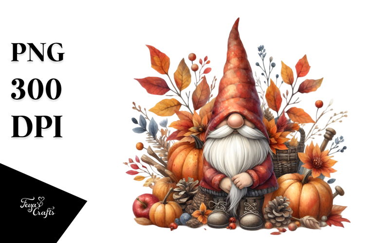 Detailed Watercolor Autumn Gnome, PNG