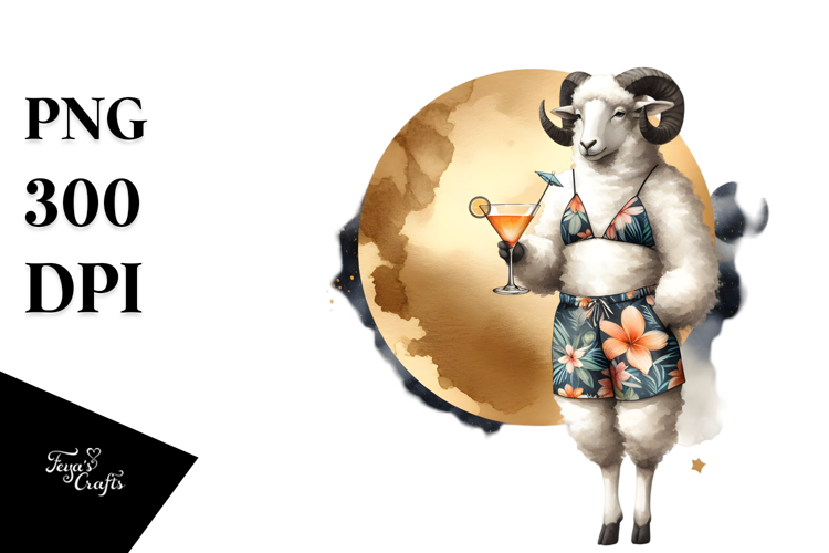 Lamb with Beachwear and Cocktail, High-Res PNG