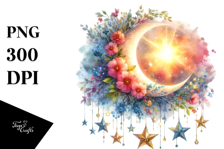 Vibrant Moon with Stars Drawing and Flowers PNG