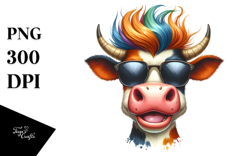 Watercolor Funny Cow Cool Hair PNG