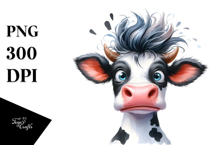 Watercolor Funny Cow Cool Hair PNG