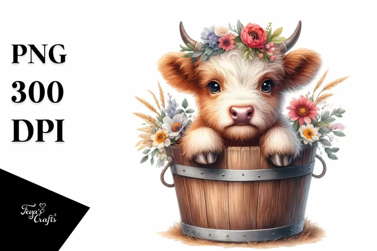 Cute Highland Cow in Wood Bucket,Watercolor PNG