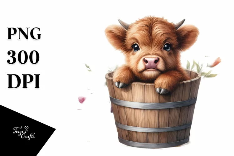 Cute Highland Cow in Wood Bucket,Watercolor PNG