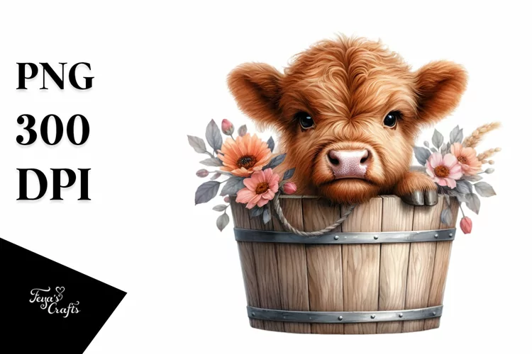 Cute Highland Cow in Wood Bucket,Watercolor PNG