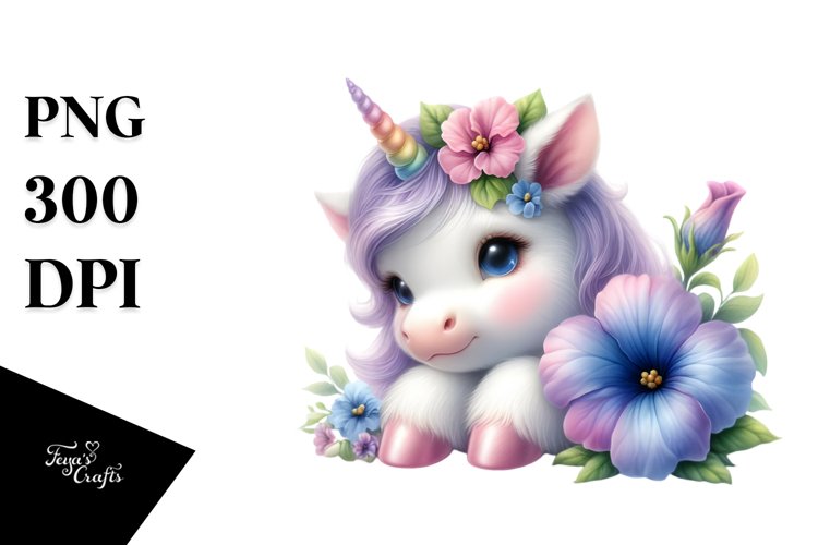 Baby Unicorn with Petunia in the Style of | Clipart