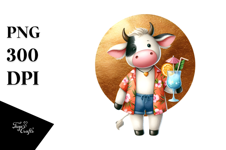 Cow Beachwear Cocktail, Watercolor PNG