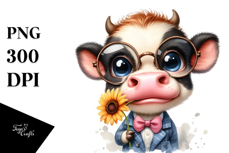 Watercolor Baby Cow with es and Phishing Road