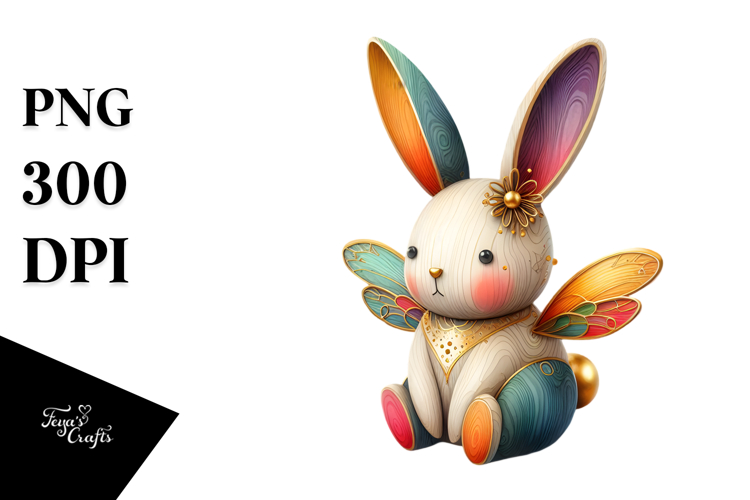 Colorful Bunny made of Wood with Golden Insertions PNG