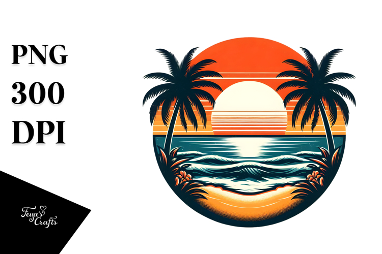 Retro Tropical Beach Sunset PNG