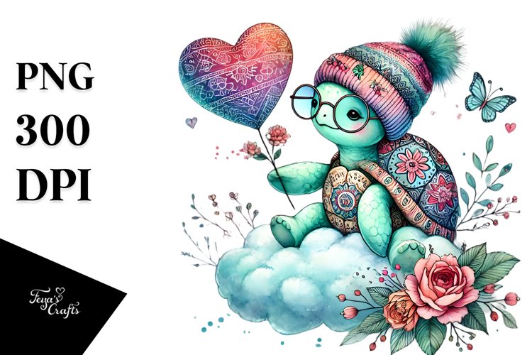 Boho Turtle Sitting on a Cloud PNG