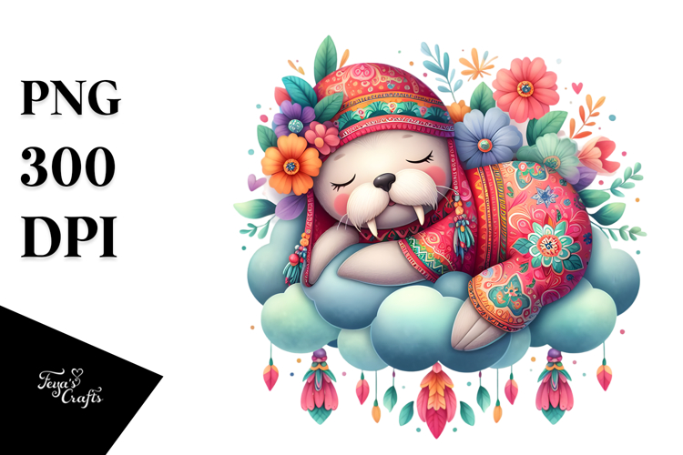 Boho Baby Walrus Sleeping Cloud PNG