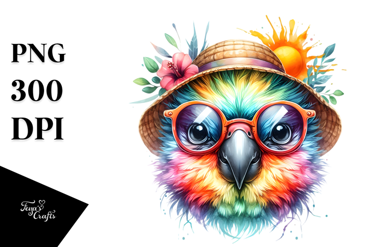 Colorful Layered Watercolor Cute Parrot with Sunglasses