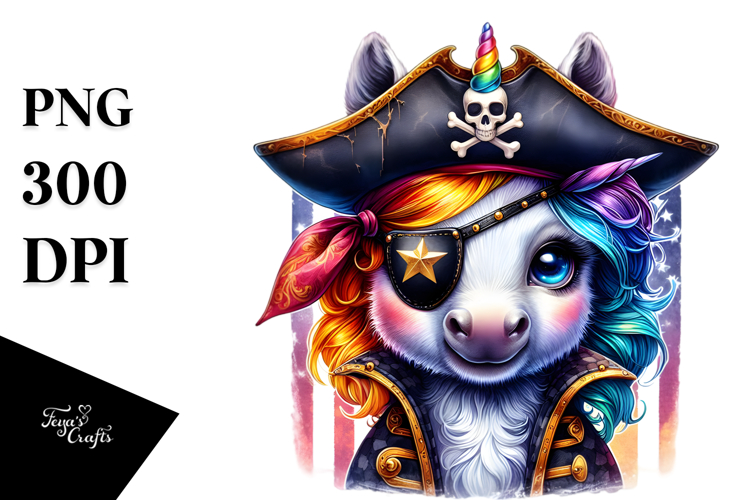 Colorful Baby Unicorn with Pirates Eye Patch, PNG