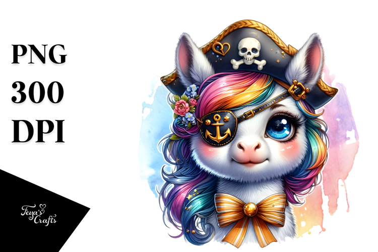 Colorful Baby Unicorn with Pirates Eye Patch, PNG