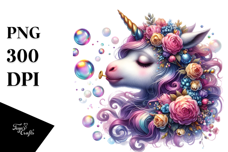 Colorful Baby Unicorn Blowing Bubbles, PNG