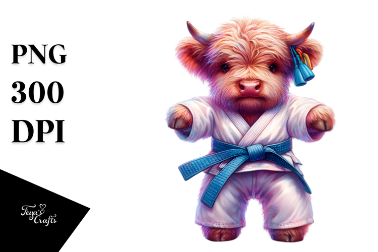 Colorful Baby Highland Cow in Karate Belt, PNG