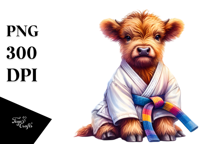 Colorful Baby Highland Cow with Karate Belt, PNG