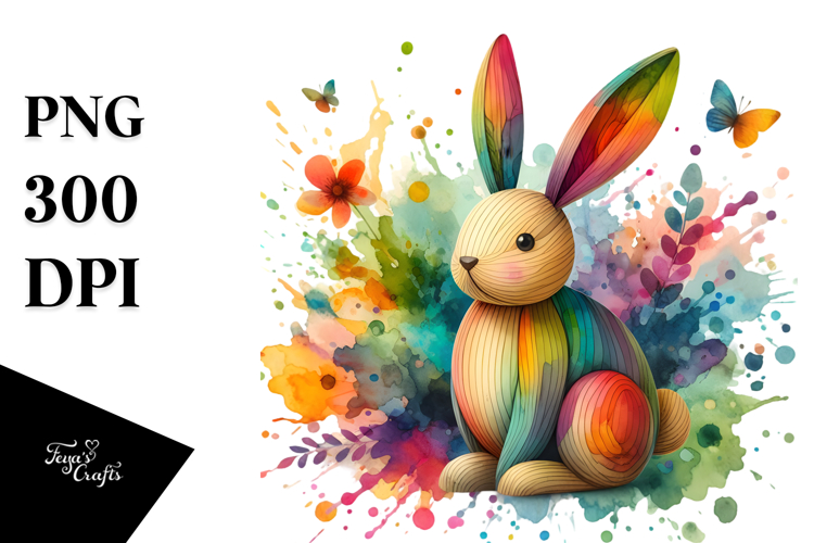 Colorful Bunny made of Wood on Splashy Background, PNG