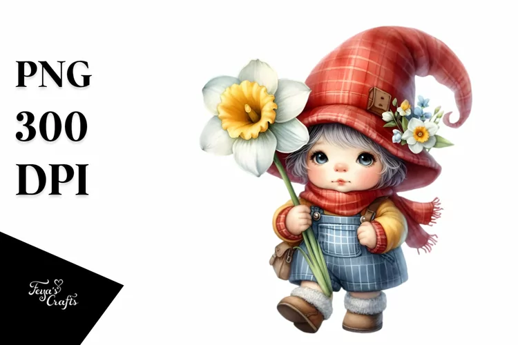 Cute Gnome with Narcissus PNG
