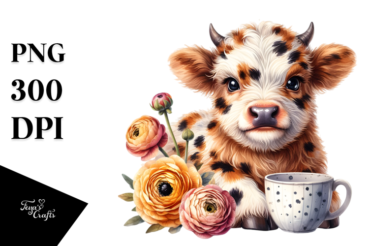 Watercolor Baby Highland Cow Animal Print Ranunculus