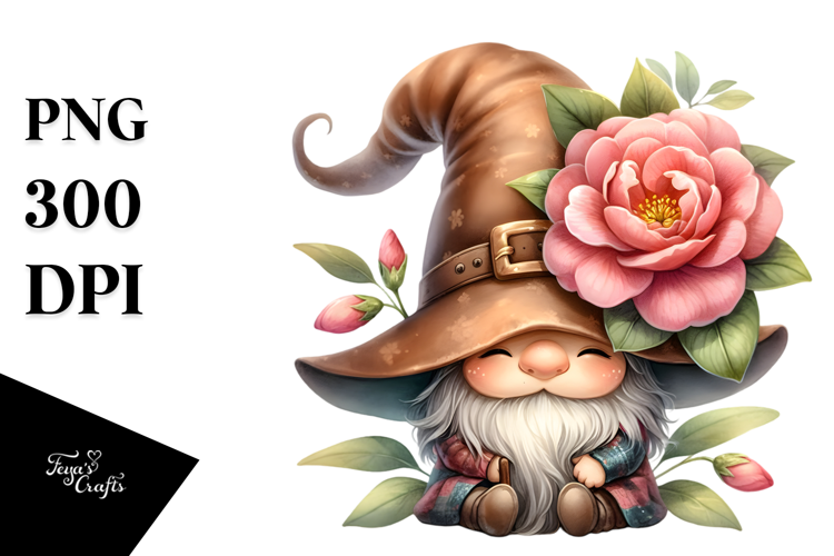 Cute Gnome with Camellia PNG
