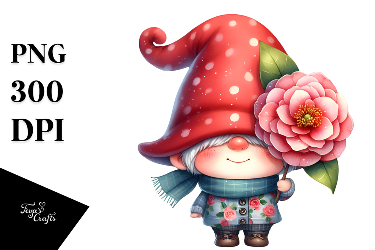 Cute Gnome with Camellia PNG