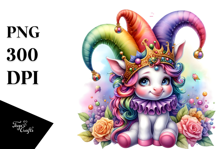 Colorful Baby Unicorn in Jester Hat, PNG