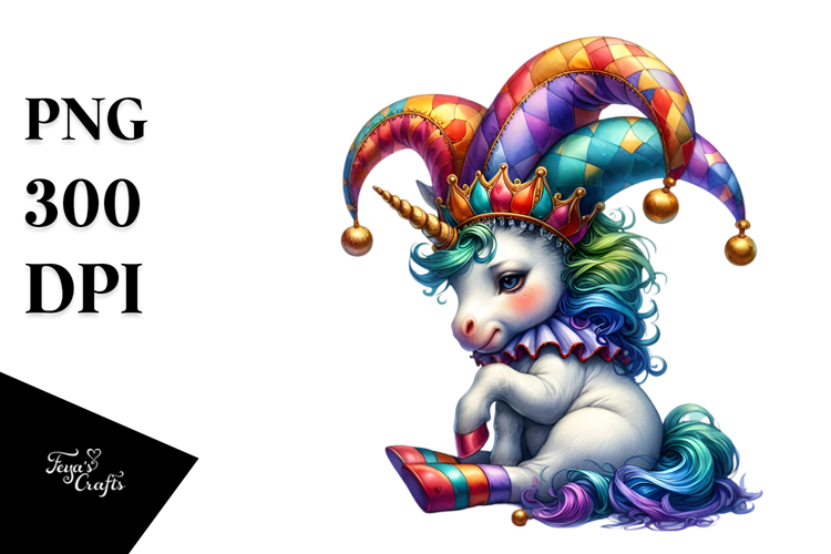 Colorful Baby Unicorn with Jesters Hat, PNG