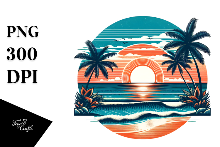 Retro Tropical Beach Sunset, PNG