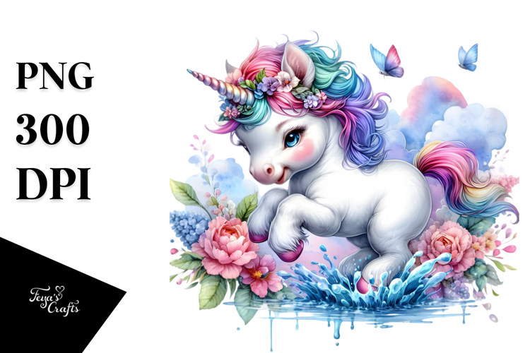 Colorful Baby Unicorn Splashing in Puddle, PNG