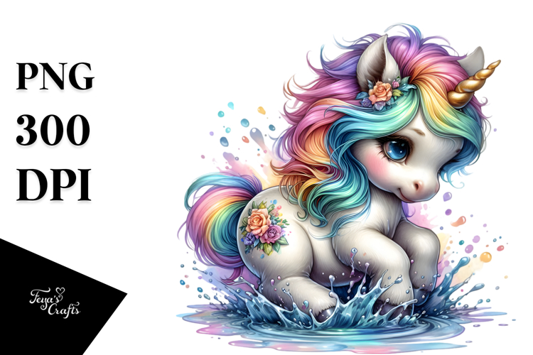 Colorful Baby Unicorn Splashing in Puddle, PNG