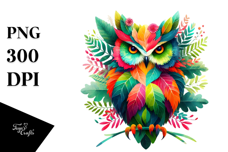 Vibrant Owl with Plant Leaves PNG