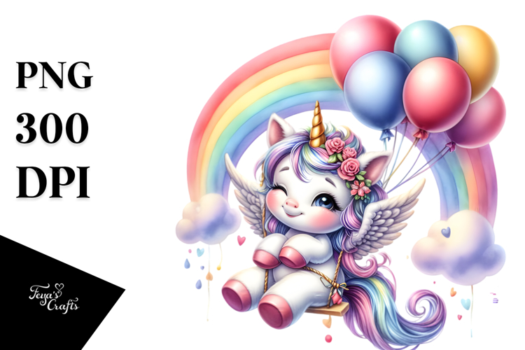Cute Baby Unicorn Swinging from Rainbow