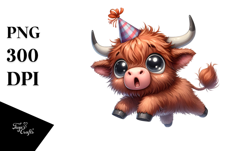 Watercolor Cow with Party Hat, High-Res PNG