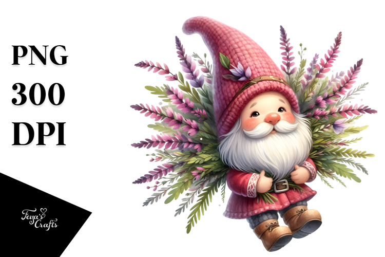 Cute Gnome with Heather Flower, PNG