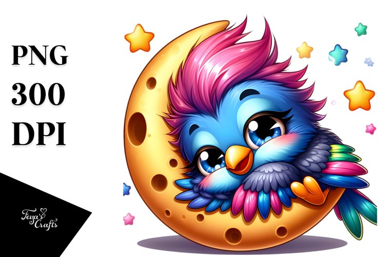 Colorful Baby Starling on Moon PNG example image 1