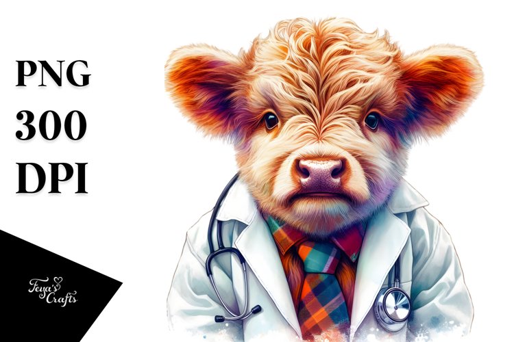 Colorful Baby Highland Cow in Lab Coat, PNG example image 1