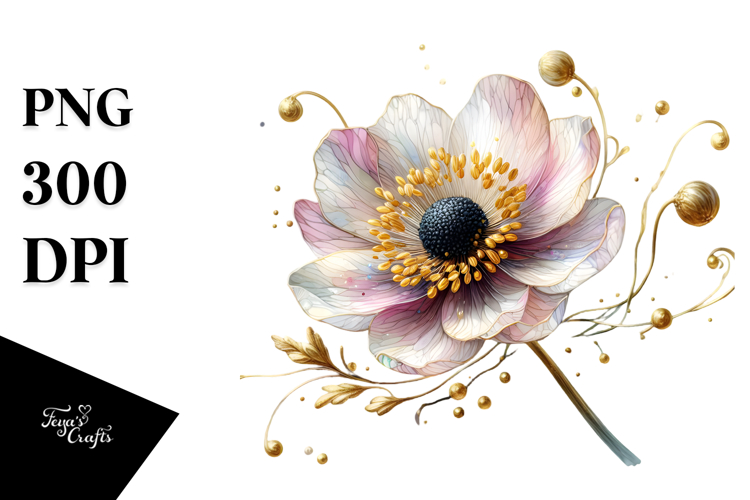 Anemone with Golden Insertions, Watercolor Splash PNG