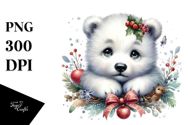 Digital Watercolor Adorned Baby Polar Bear PNG