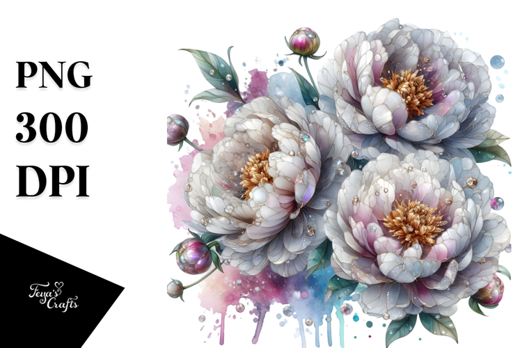 Peonies with Metallic Insertions, Watercolor Splash PNG