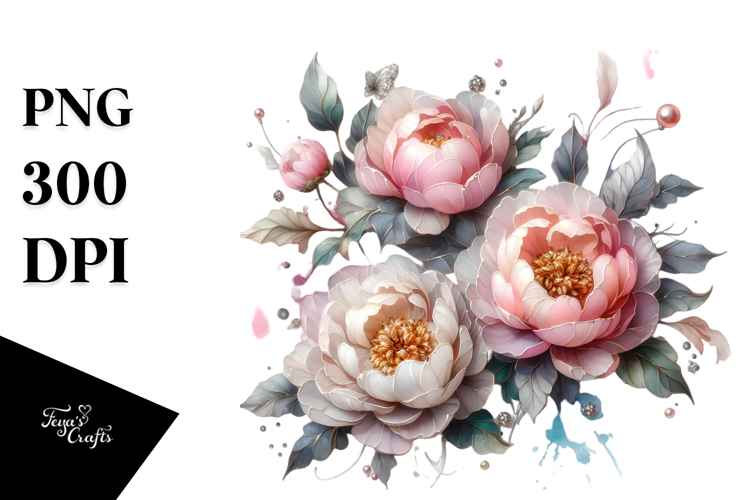 Peonies with Metallic Insertions, Watercolor Splash PNG