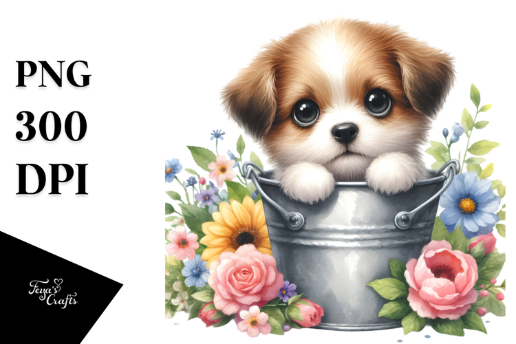 Cute Baby Dog Bucket Flowers