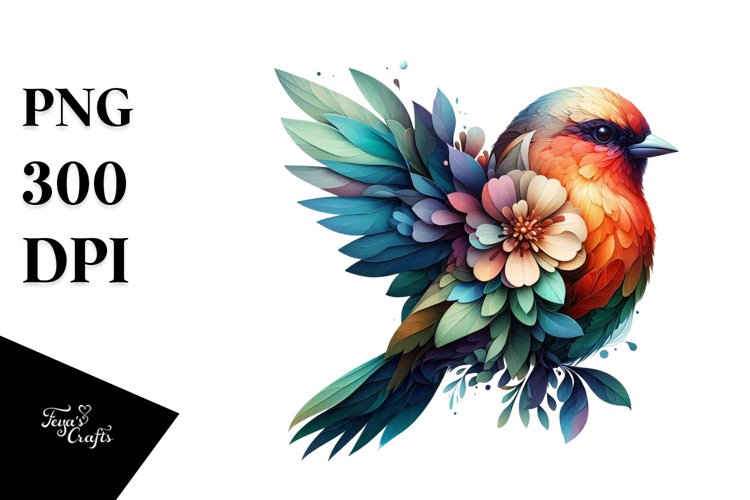Abstract Vibrant Watercolor Bird with Flowers PNG