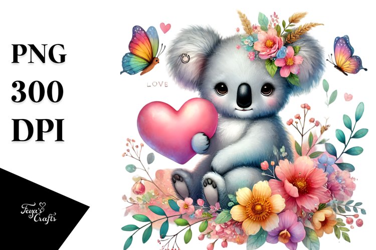 Adorned Koala on Flower Heart PNG